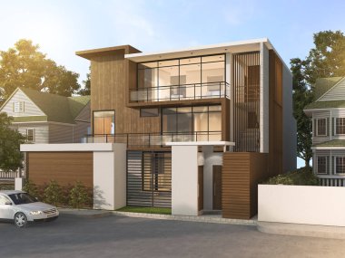 3D Render güzel modern tarzı ahşap ev güzel Köyü