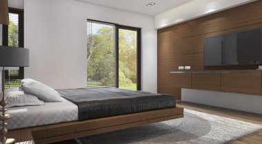 3D render ahşap modern tarz yatak odası tv pencere yakınındaki