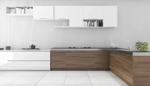 3d renderização moderna barra de madeira na cozinha — Fotografia de Stock