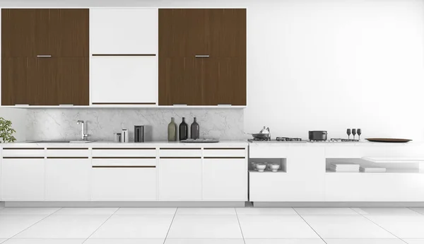 3d renderização mínima cozinha branca e bar — Fotografia de Stock