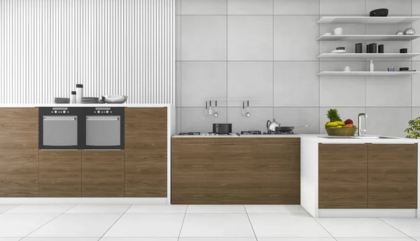 3d renderização contemporânea cozinha de madeira e sala de jantar — Fotografia de Stock