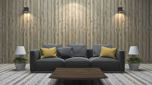 3D Rendering Vintage Holz Wand Wohnzimmer mit buntem Sofa — Stockfoto