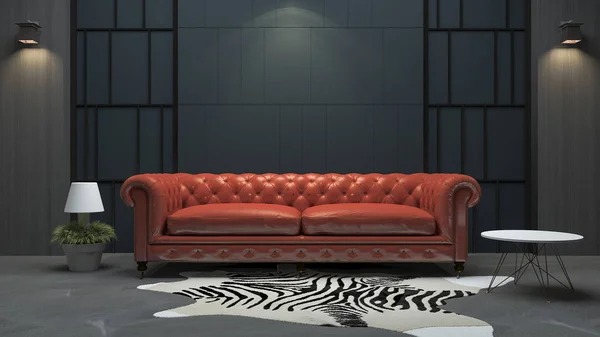 3D rendering piros bőr kanapé loft stílusú nappali — Stock Fotó