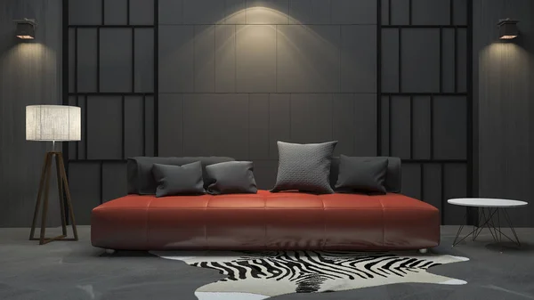 3D rendering κόκκινο καναπέ σε σκοτεινό δωμάτιο — Φωτογραφία Αρχείου