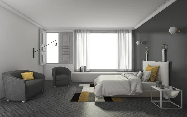 3D renderowania ciemny ton sypialnia meble miękki i miły — Zdjęcie stockowe