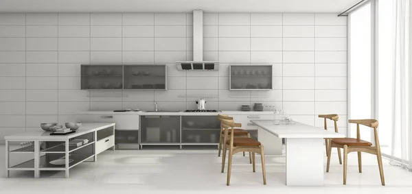 3d renderizado cocina de diseño agradable y comedor por la mañana —  Fotos de Stock