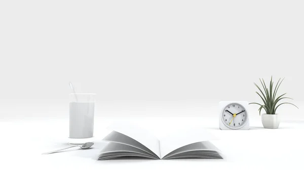 3D rendering λευκό βιβλίο με ένα φλυτζάνι γάλα σε λευκό φόντο — Φωτογραφία Αρχείου