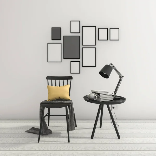 3d rendering minimal black chair and table with picture frame — Stock Photo, Image