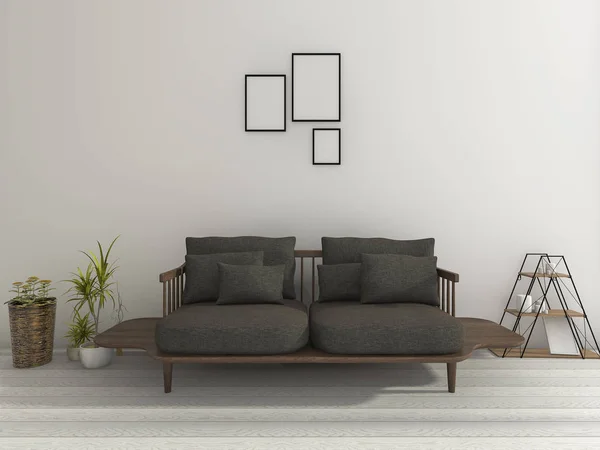 3d representación hermosa sofá negro suave con planta en la sala de estar agradable —  Fotos de Stock