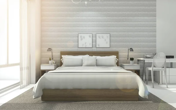 3D rendering γλυκό ωραίο ελάχιστη λευκό υπνοδωμάτιο με αντανάκλαση του ηλίου — Φωτογραφία Αρχείου