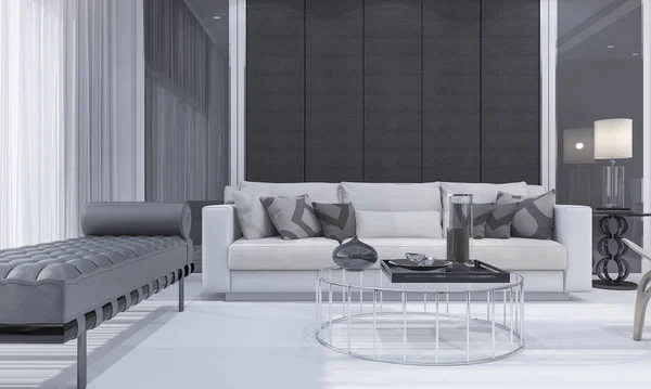 3D renderowania ładne nowoczesne i luksusowe salon z szara sofa i szkło tabela — Zdjęcie stockowe