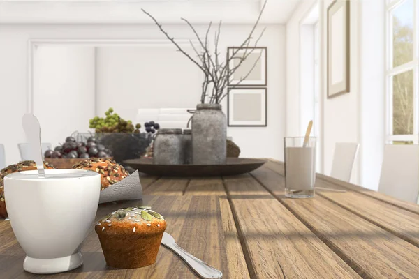 3D vykreslování Hloubka pole snídaně a jídlo v krásné světlé bílé místnosti — Stock fotografie