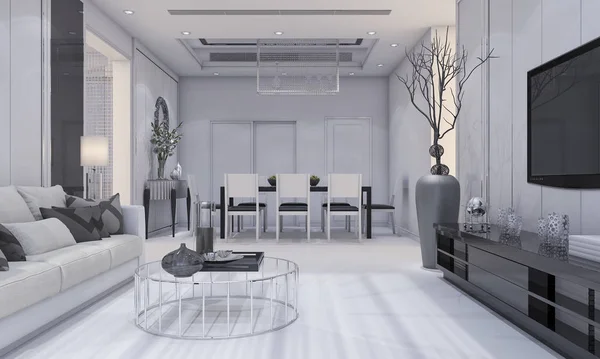 3d renderizado bonito diseño moderno sala de estar y comedor de lujo con sofá gris y estante de televisión y mesa de comedor — Foto de Stock