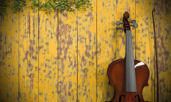 3d violino renderização perto de parede grunge amarelo — Fotografia de Stock