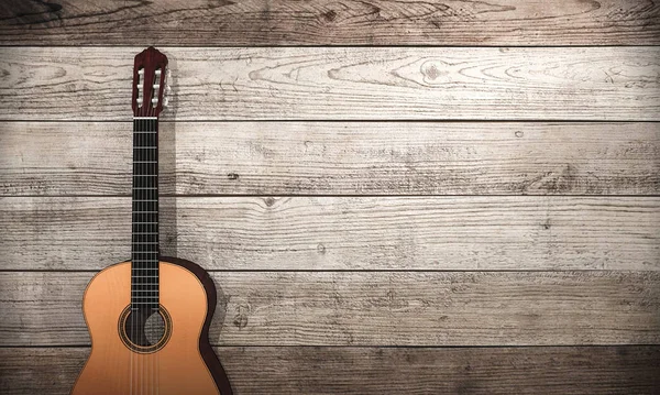 3d візуалізація класичної гітари біля дерев'яної стіни — стокове фото
