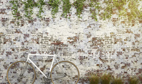 3D рендеринг белого велосипеда возле антикварной кирпичной стены — стоковое фото