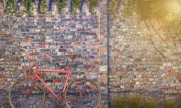 3D рендеринг красный велосипед возле антикварной кирпичной стены — стоковое фото