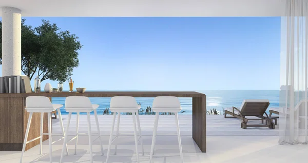 3d renderização jantar bar em pequena villa perto de bela praia e mar ao meio-dia com céu azul — Fotografia de Stock