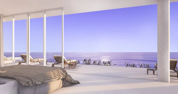 3D render lüks villa yatak odası penceresinden güzel bir akşam sahne ile beach yakınındaki