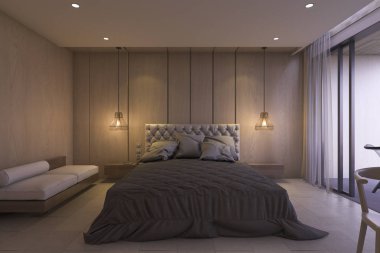 3D Render güzel görünüm yatak odası gece lüks tasarım