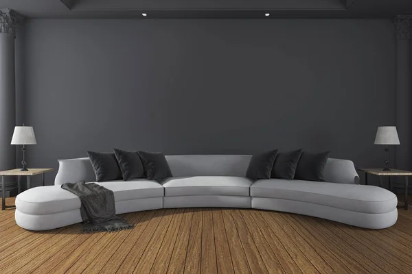 3D render uzun yumuşak kanepe en az karanlık odada — Stok fotoğraf