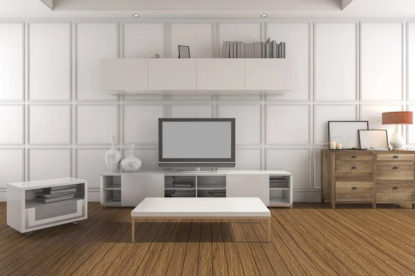 3d rendering white classic living room with tv set — Stock Photo, Image