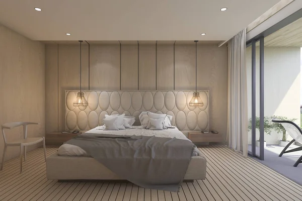 木製の床と 3 d レンダリングの豪華なベッドルーム — ストック写真