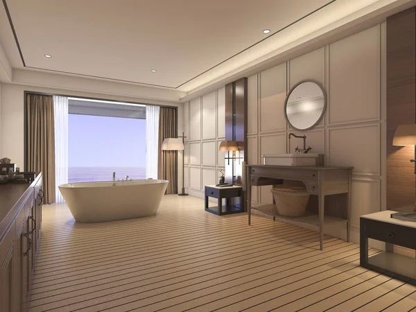 3D vykreslování luxusní koupelna s klasickým nábytkem v blízkosti moře — Stock fotografie