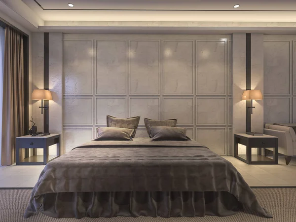 3d renderização quarto clássico com decoração de luxo e cama clássica macia — Fotografia de Stock