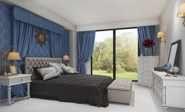 3d rendering beautiful classic bedroom with nice bed near green Royalty Free Stock Images
