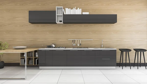 3d 渲染木墙厨房用最小的黑色计数器 — 图库照片