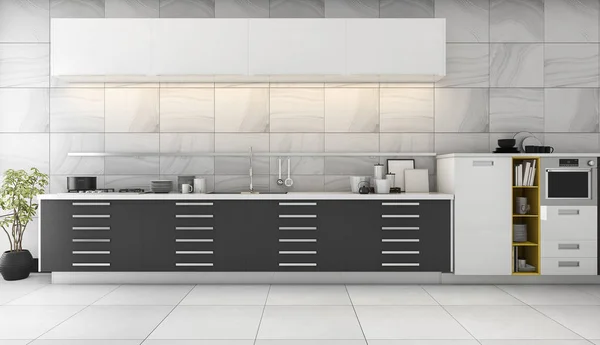 3d rendering bella cucina piastrellata con design moderno nero — Foto Stock