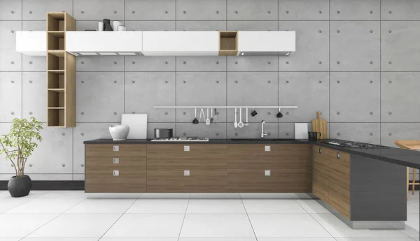 3d renderizado loft cocina con estante de madera —  Fotos de Stock