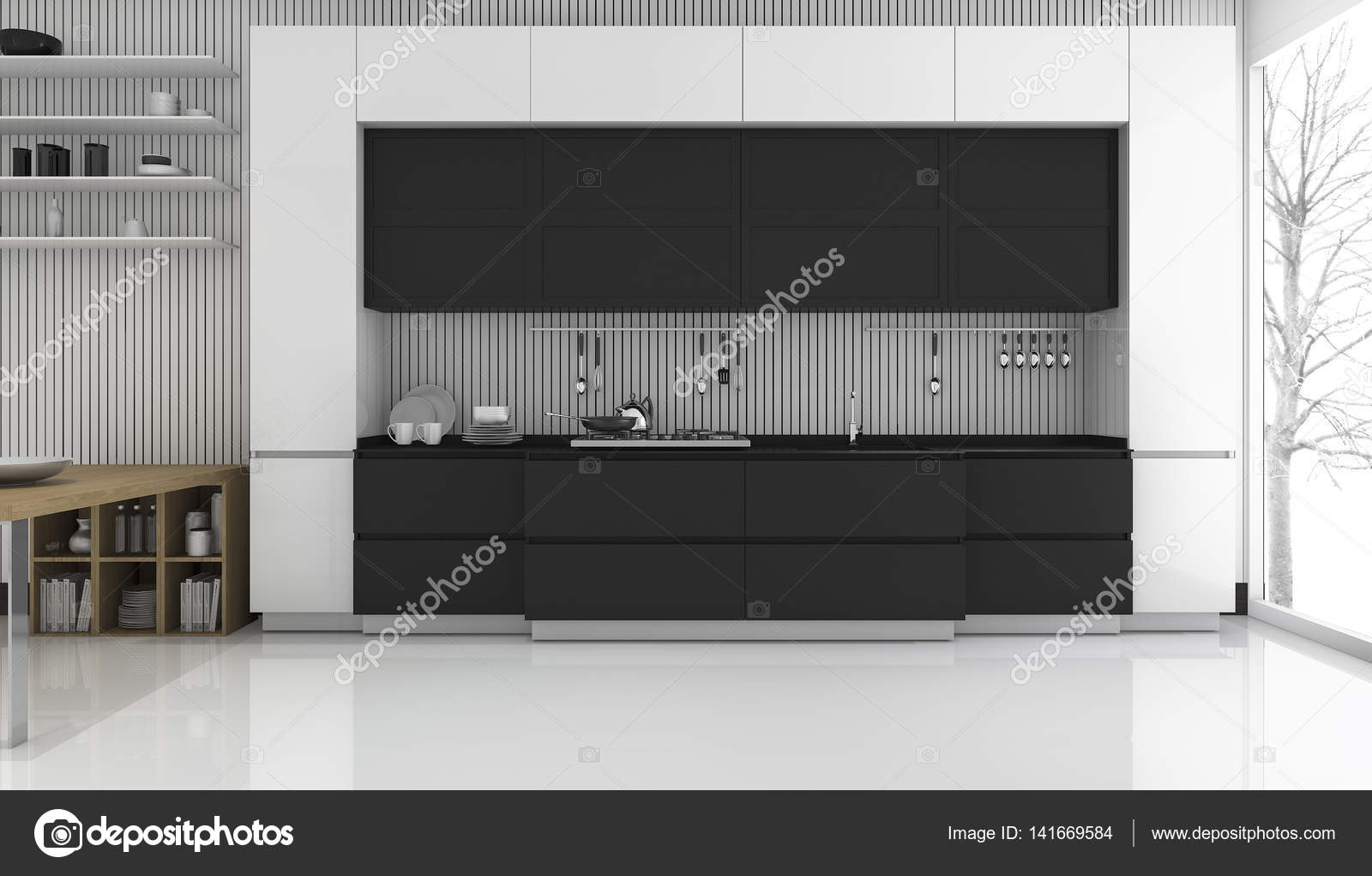 3d max blanco y negro | 3D representación moderna blanco y negro cocina