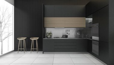 3D işleme modern koyu ahşap mutfak kış Manzaralı