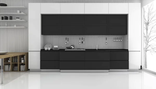 3d render modern hitam dan putih dapur di musim dingin — Stok Foto