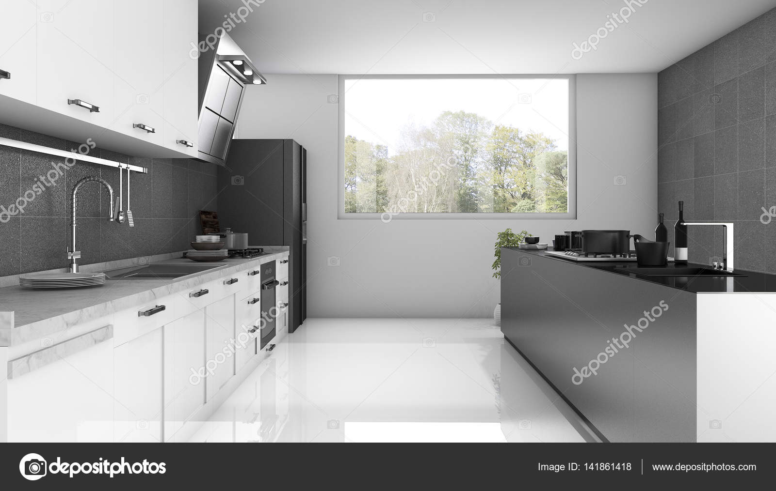 3d Rendering White Modern White And Metal Kitchen Stock Photo