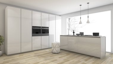 3D render beyaz kış en az mutfakta