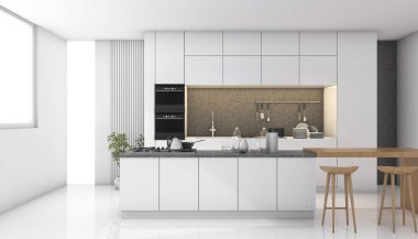 3D render beyaz modern mutfak penceresinden ışık ile