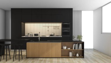 3D render siyah modern mutfak penceresinden ışık ile
