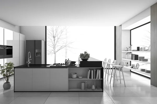 3d 렌더링 검은색과 흰색 부엌 및 로프트 호텔 식당 — 스톡 사진