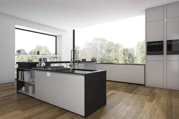 3d 渲染木地板厨房和小饭厅与窗外的景色 — 图库照片