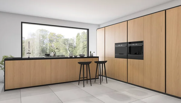 3d 呈现很好的木料设计的厨房，从窗口视图 — 图库照片