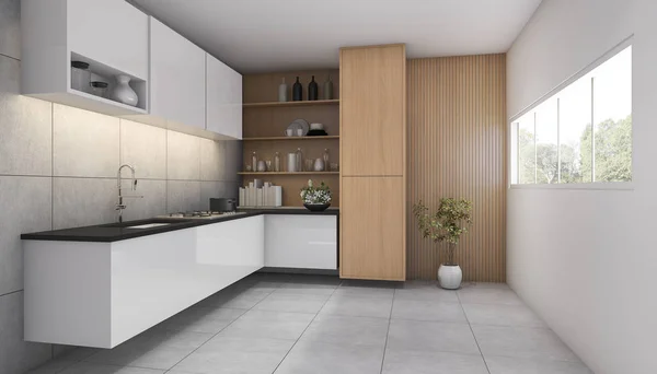 3D рендеринг современной деревянной кухни с окном — стоковое фото