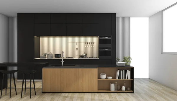 3d render hitam dapur modern dengan cahaya dari jendela — Stok Foto