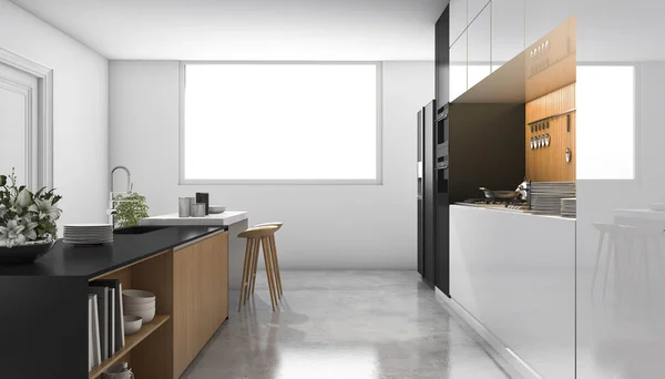 3d rendering loft cuisine blanche avec bois intégré — Photo