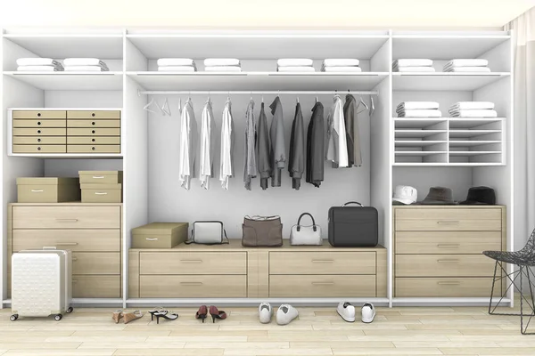 3d renderização mínima caminhada de madeira no armário com guarda-roupa — Fotografia de Stock