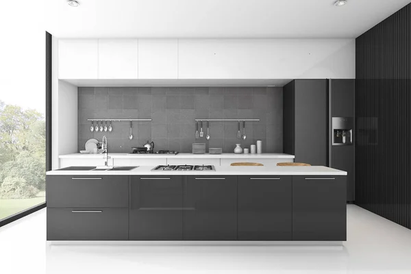 3d render modern apartemen dapur hitam dengan ubin — Stok Foto