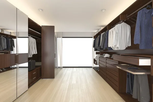 3D-Rendering schönen Holz horizontalen Kleiderschrank und begehbaren Kleiderschrank in der Nähe von Fenster — Stockfoto