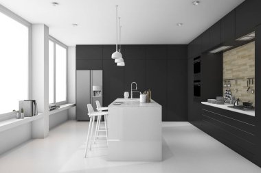 3D render en az siyah beyaz modern mutfak